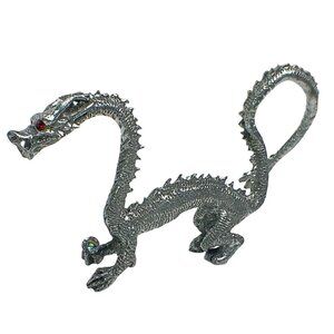 Vintage Pewter Dragon Figurine With Rainbow Crystal Sphere & Red Eyes